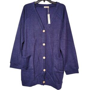 Larace Women Plus Size Long Sleeve Button Down Cardigan With Pockets - Navy Blue